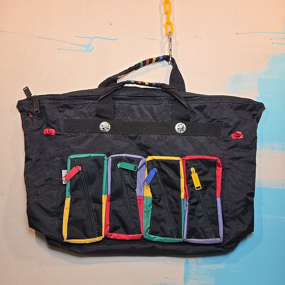 Vtg 1990s United Colors Of Benetton Nylon Duffel Black Logo Colorblock Pockets - Picture 2 of 16